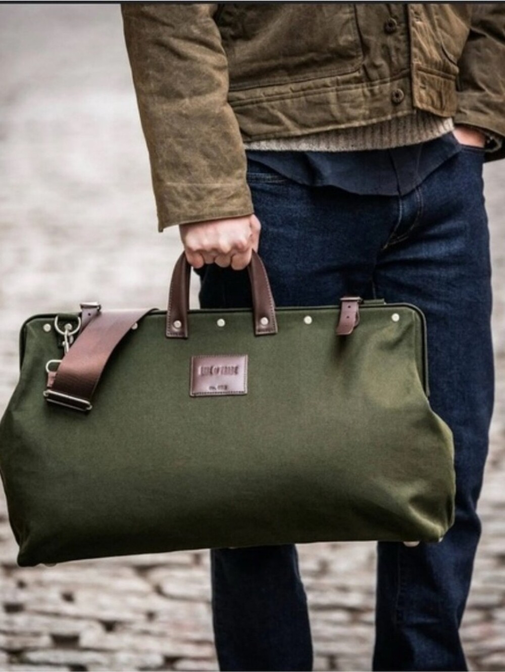 Line of Trade Canvas Weekender Bag in Olive Green Leather Trim Metal Frame Open
